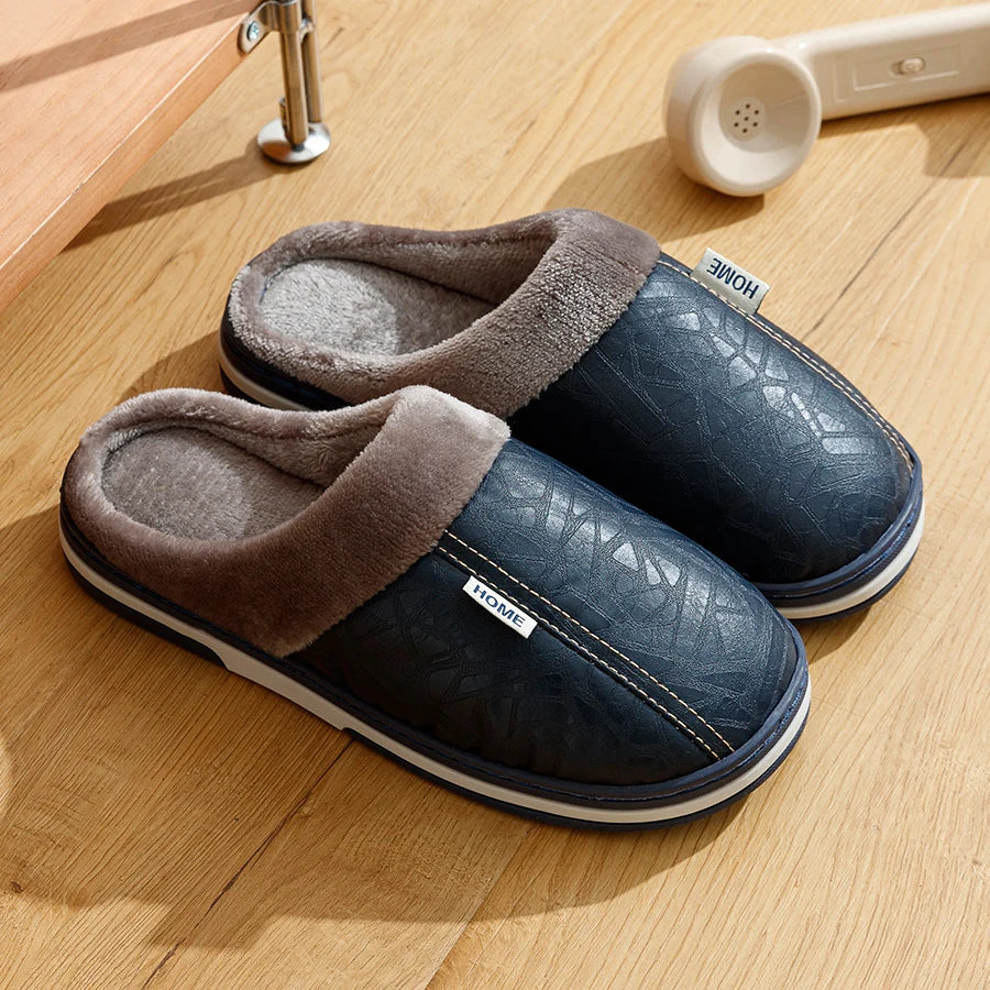 Men's Winter Slippers – Waterproof PU Leather Big Size Home Shoes