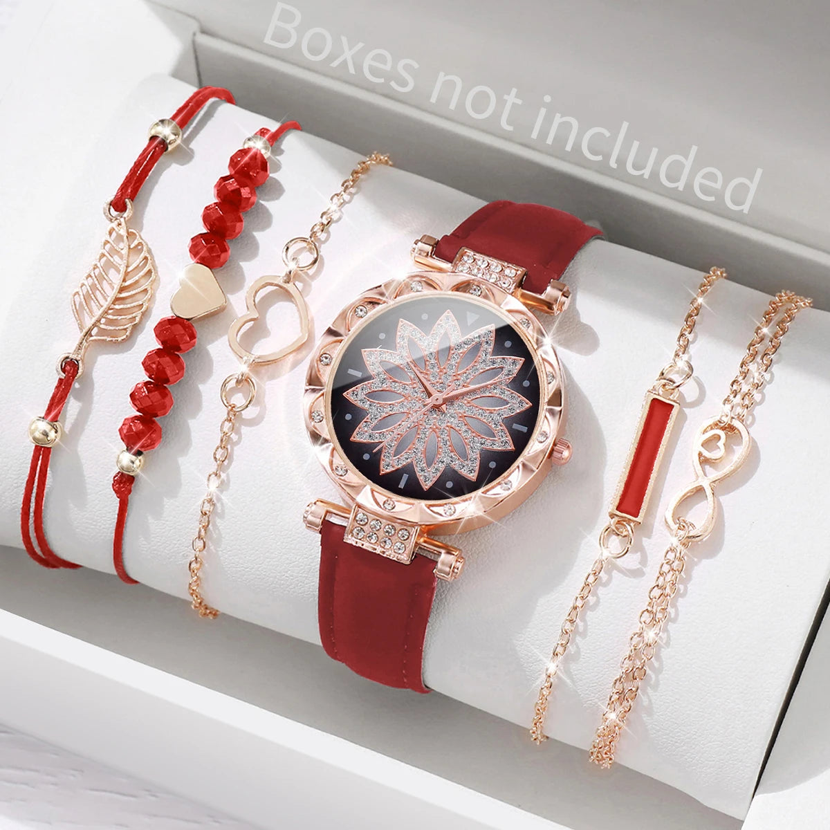 Women's Watch and Bracelet Set with Heart Dial and Leather Band