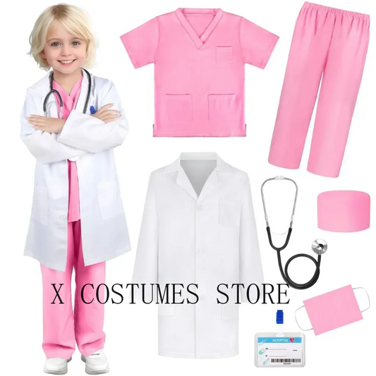 Kid's Doctor Cosplay Nurse Costume Nurse Suit Doctor's V Neck Surgical Suit Boys Girls Halloween Party Epidemic Role Clothing