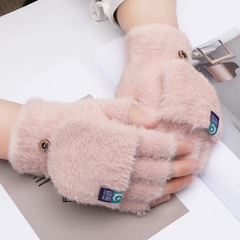Women's Fingerless Gloves Soft Plush Knit Winter Mittens