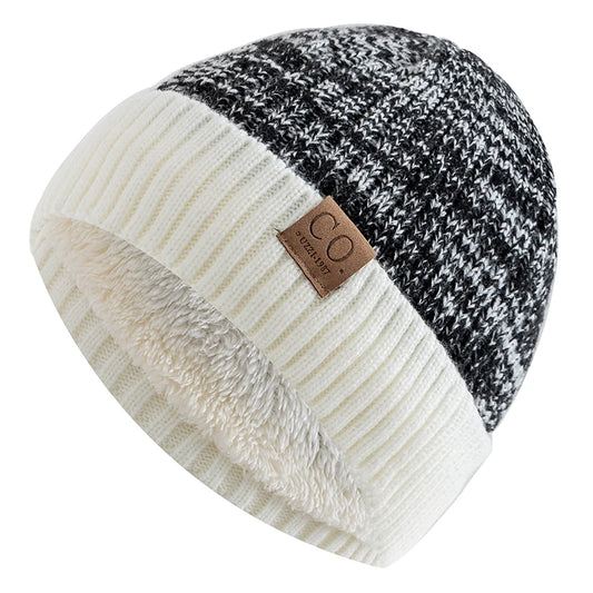 Fur Lined Winter Beanie Warm Two Tone Knit Hat for Men & Women