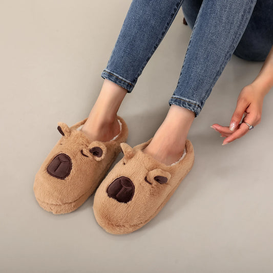Brown Plush Capybara Slippers – Warm Non-Slip Indoor Shoes