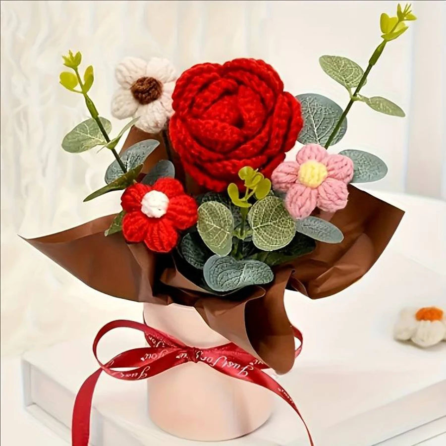 1 Piece of Beautiful Handmade Crocheted Rose and Sunflower Bouquet with a Hug Bucket, Valentine's Day, Mother's Day, Birthday, Housewarming Gift, Room Desktop Decoration