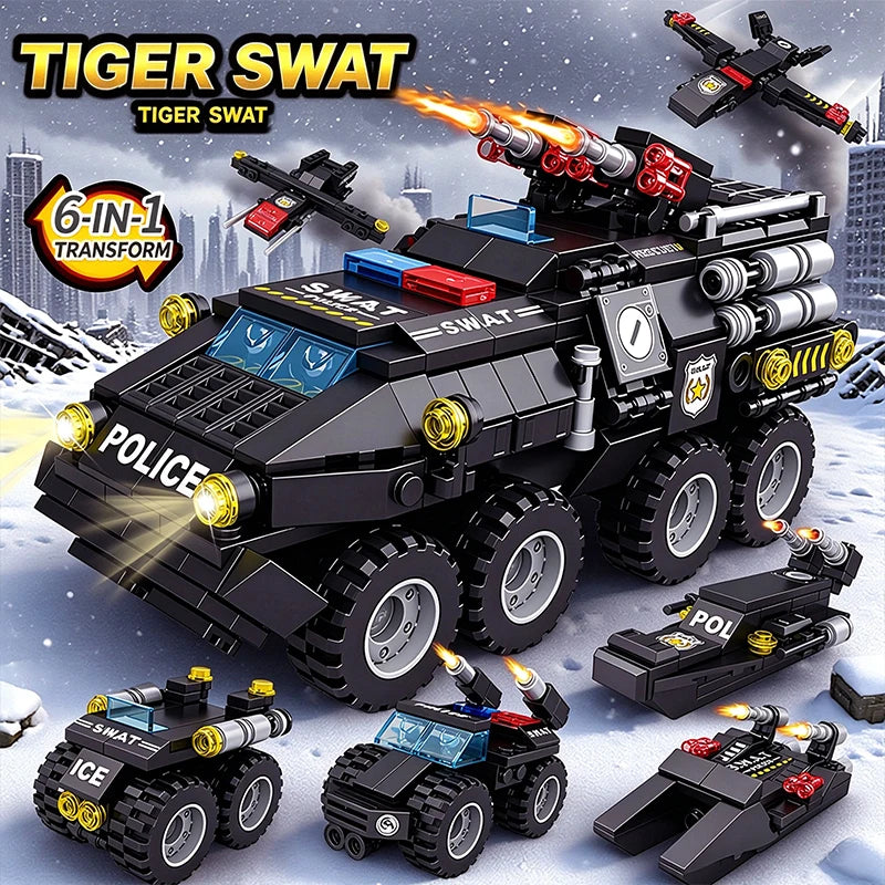 6 in 1 Military Building Blocks Tiger Police Car Armored Vehicle Aircraft Set Boys DIY Construction Toys Christmas Birthday Gift