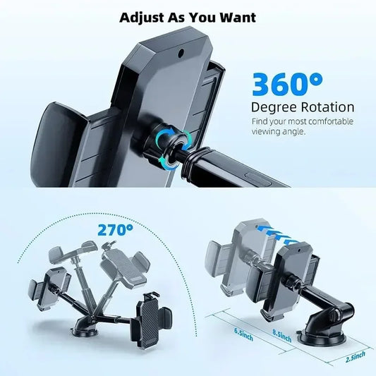 Car Phone Holder 360° Rotating Suction Cup Mount with Telescopic Arm