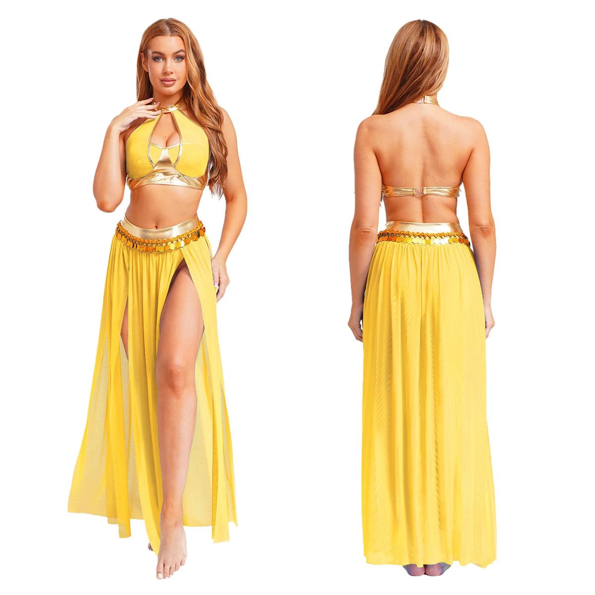 Womens Ancient Rome Egyptian Cleopatra Cosplay Costume Crop Top And Split Skirt Set Carnival Oriental Indian Belly Dance Outfits