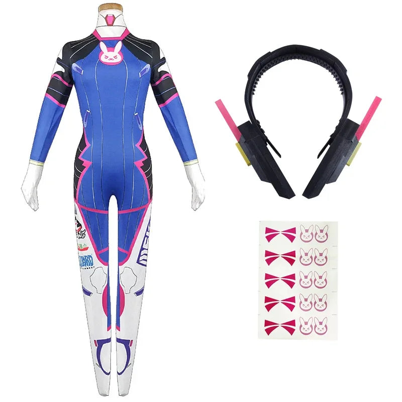 Game Overwatch Dva Cosplay Costumes Tights Jumpsuit Wig Headphone Gun Cosplay Props Tattoo Stickers Suit Woman Party Zentai Cos
