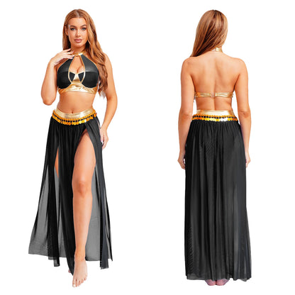 Womens Ancient Rome Egyptian Cleopatra Cosplay Costume Crop Top And Split Skirt Set Carnival Oriental Indian Belly Dance Outfits
