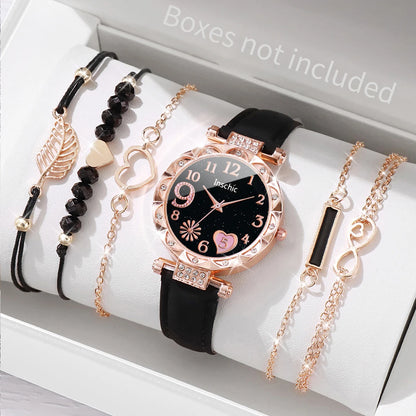 Women's Watch and Bracelet Set with Heart Dial and Leather Band