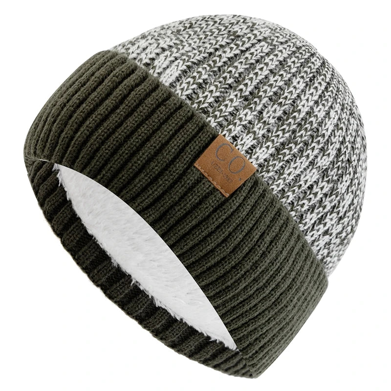 Fur Lined Winter Beanie Warm Two Tone Knit Hat for Men & Women