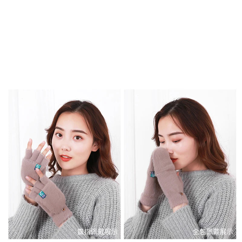 Women's Fingerless Gloves Soft Plush Knit Winter Mittens