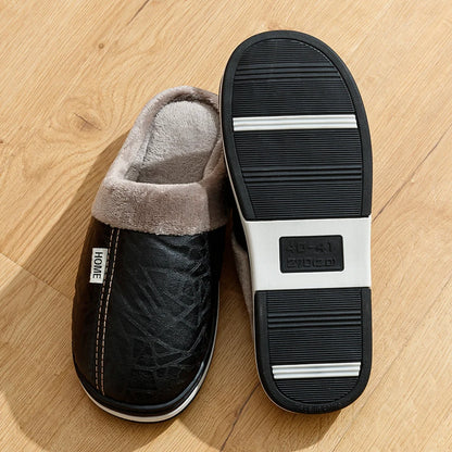 Men's Winter Slippers – Waterproof PU Leather Big Size Home Shoes