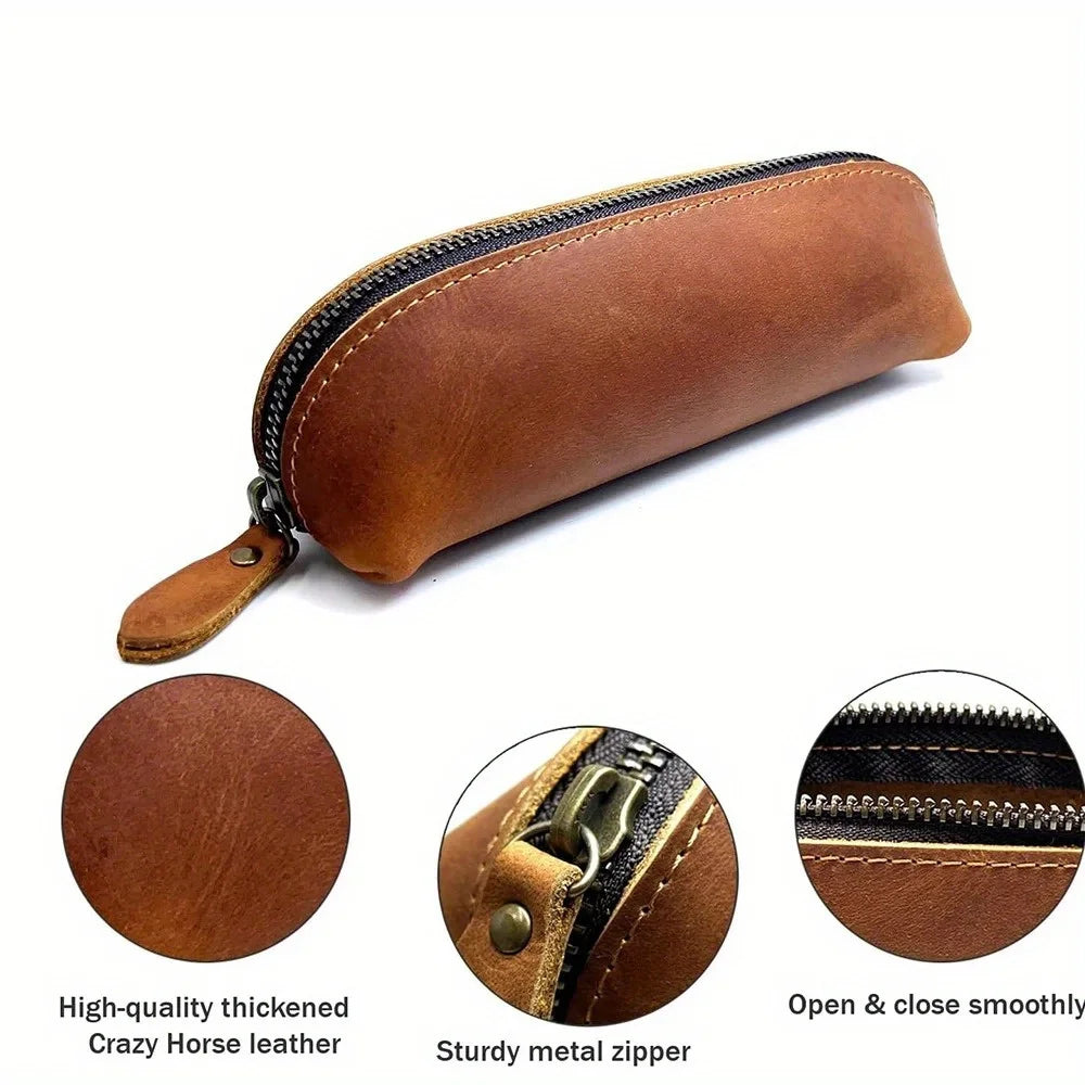 Leather Pencil Case with Zipper for Pens, Stationery and Storage