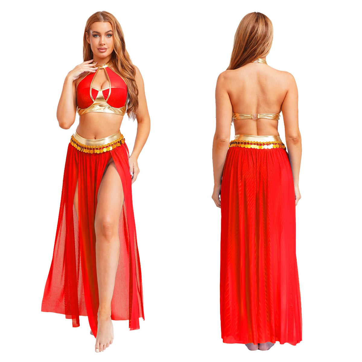 Womens Ancient Rome Egyptian Cleopatra Cosplay Costume Crop Top And Split Skirt Set Carnival Oriental Indian Belly Dance Outfits