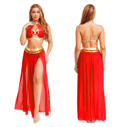 Womens Ancient Rome Egyptian Cleopatra Cosplay Costume Crop Top And Split Skirt Set Carnival Oriental Indian Belly Dance Outfits