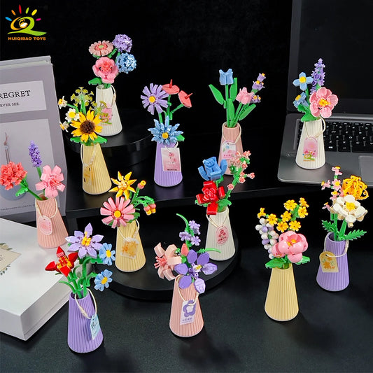 HUIQIBAO MOC Flower with pot Micro Building Block Sunflower Mini Model Bricks set Flowers Toys for Adults home Desk Decoration