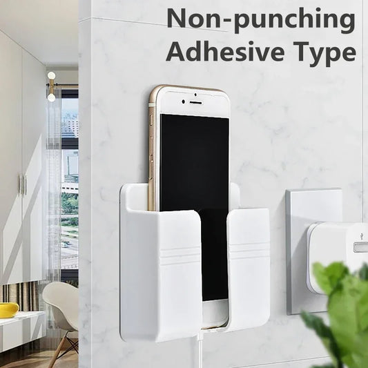 Wall Mount Phone Holder with Adhesive Remote Control Storage