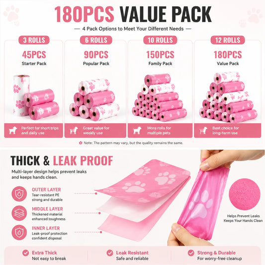 180 Count Dog Waste Bags Thick Leakproof Rolls for Outdoor Walks