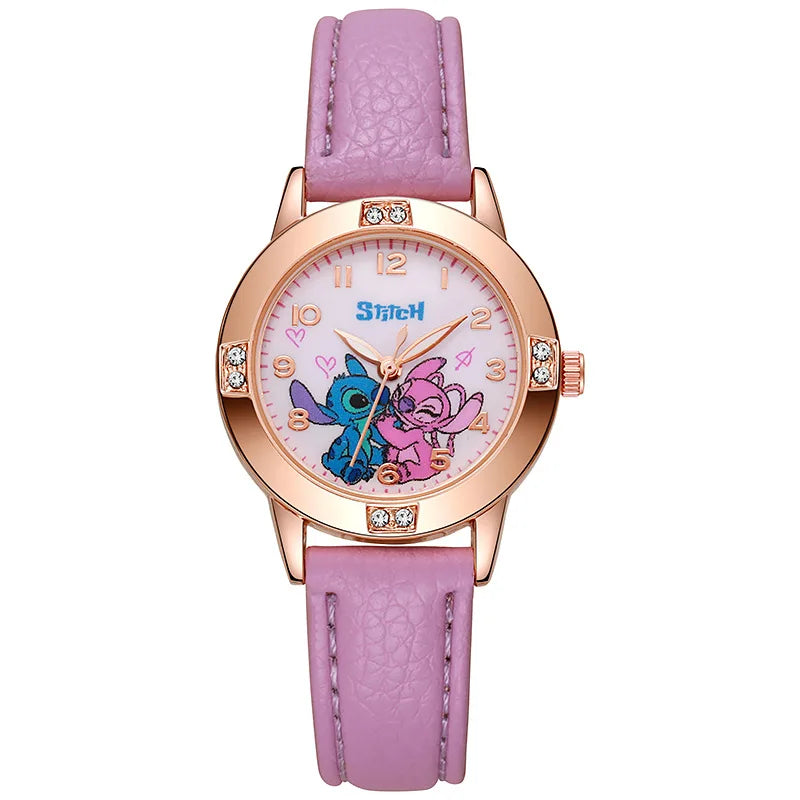 Girls Watch with Leather Strap and Rhinestone Dial