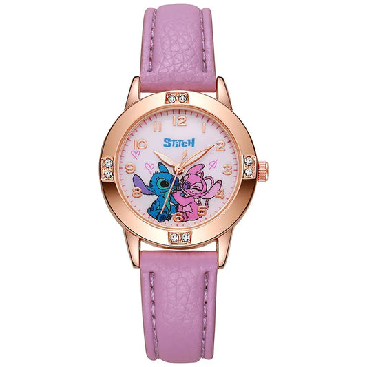 Girls Watch with Leather Strap and Rhinestone Dial