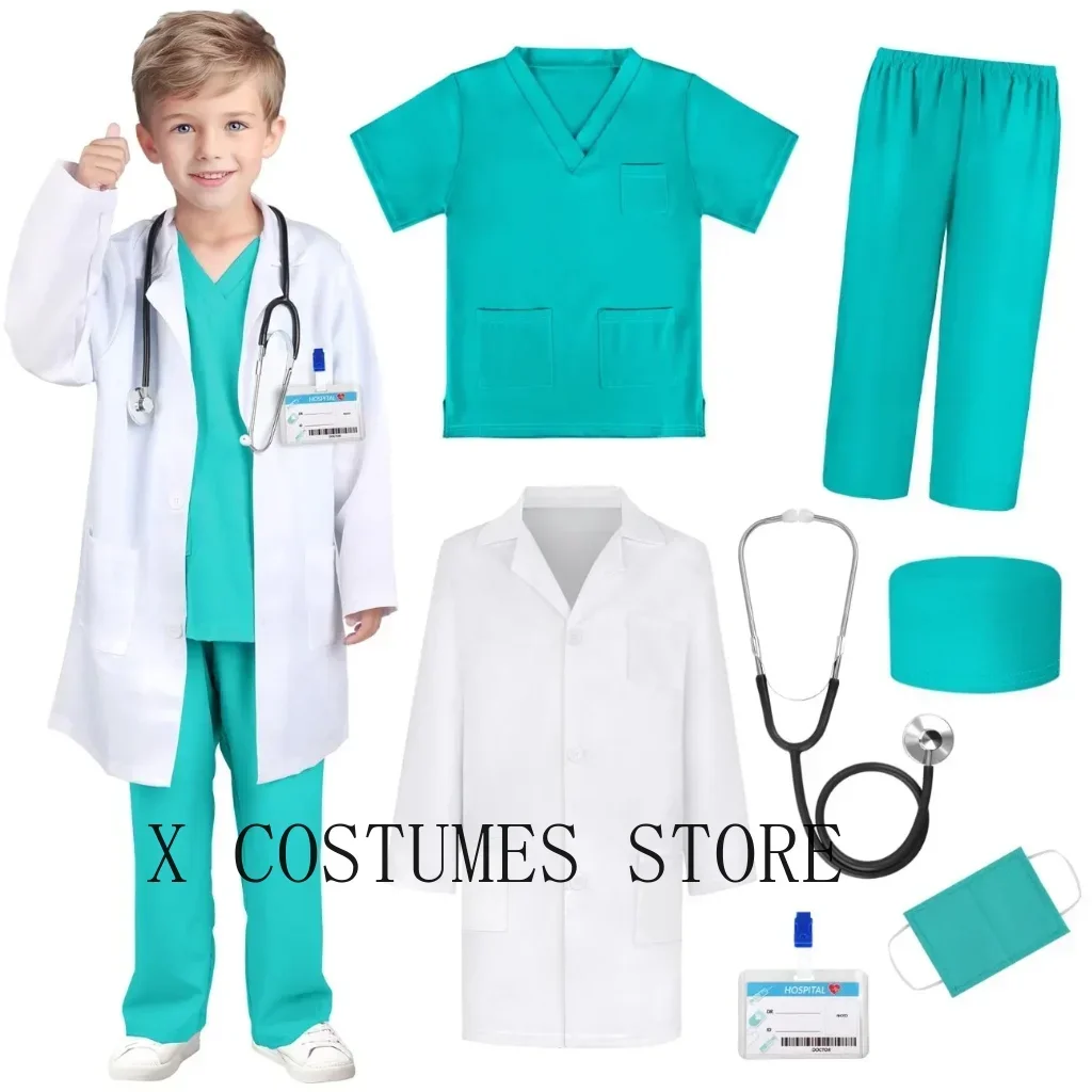 Kid's Doctor Cosplay Nurse Costume Nurse Suit Doctor's V Neck Surgical Suit Boys Girls Halloween Party Epidemic Role Clothing
