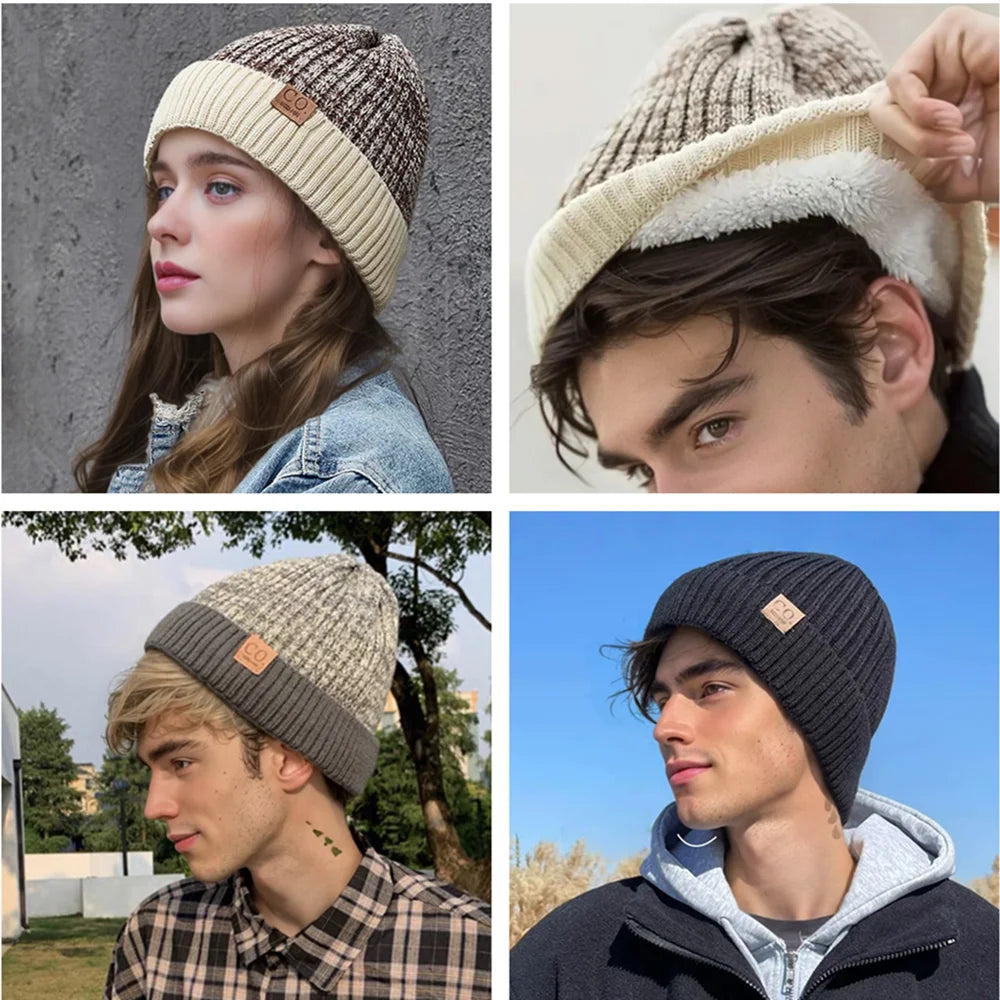 Fur Lined Winter Beanie Warm Two Tone Knit Hat for Men & Women