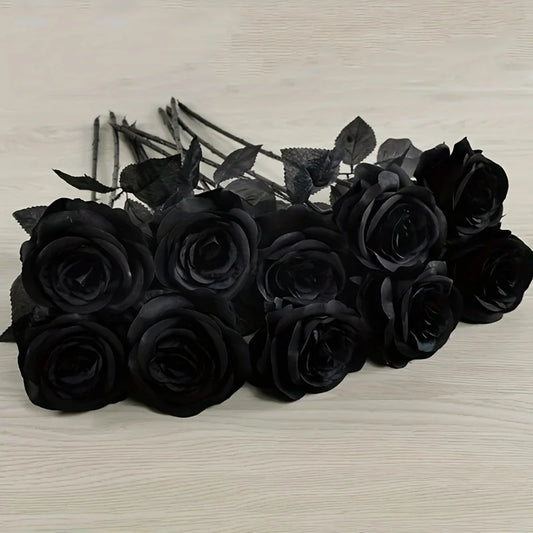 10pcs Artificial Black Roses Fake Flowers, Long Stem, with No Container, for Halloween, Home Decor, Wedding Party, Tabletop