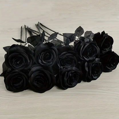 10pcs Artificial Black Roses Fake Flowers, Long Stem, with No Container, for Halloween, Home Decor, Wedding Party, Tabletop