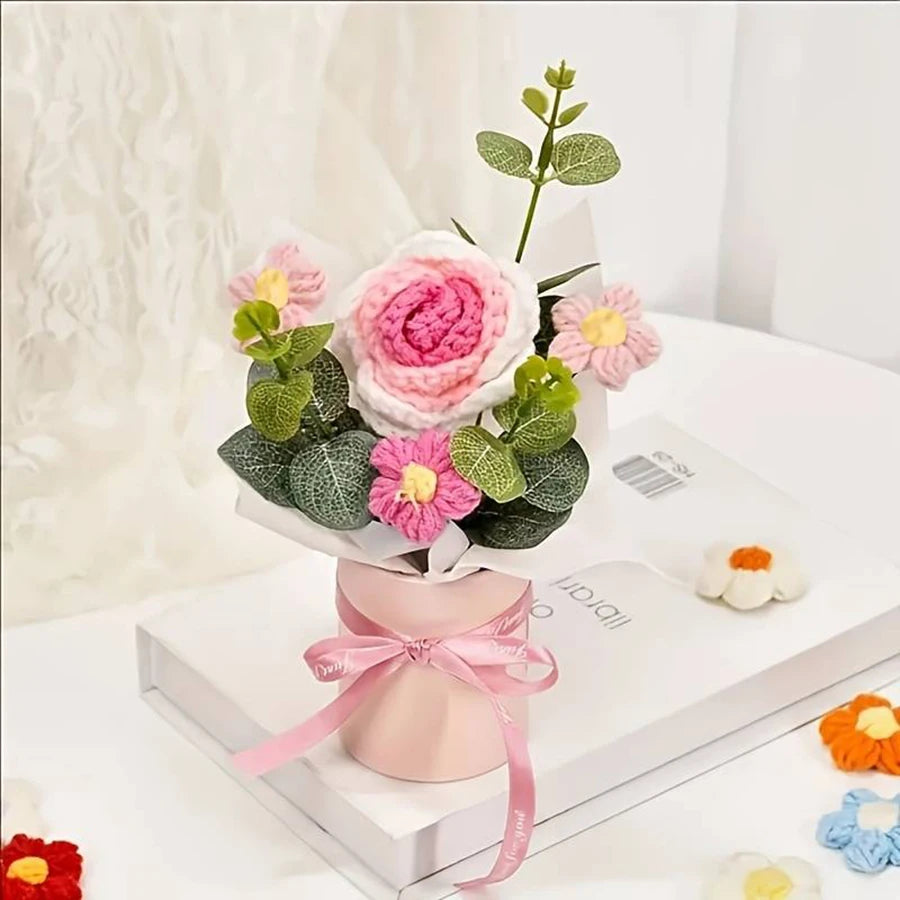 1 Piece of Beautiful Handmade Crocheted Rose and Sunflower Bouquet with a Hug Bucket, Valentine's Day, Mother's Day, Birthday, Housewarming Gift, Room Desktop Decoration