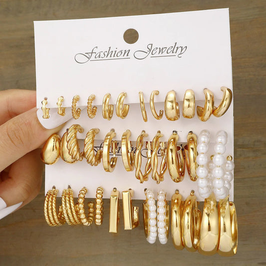 Geometric Hoop Earrings Set – Bohemian Gold Tone Jewelry for Women