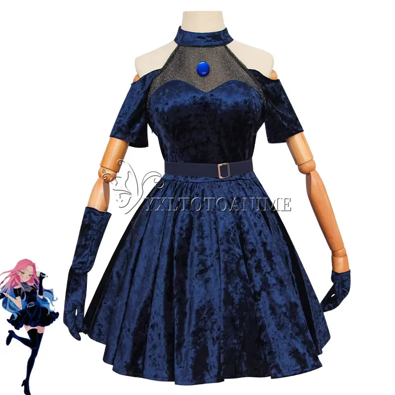 Anime Alien Stage Mizi Sua Cosplay Costume Wig Dark Blue Dress Pink Blue Long Hair Gloves Stockings Belt Set Uniform for Christm