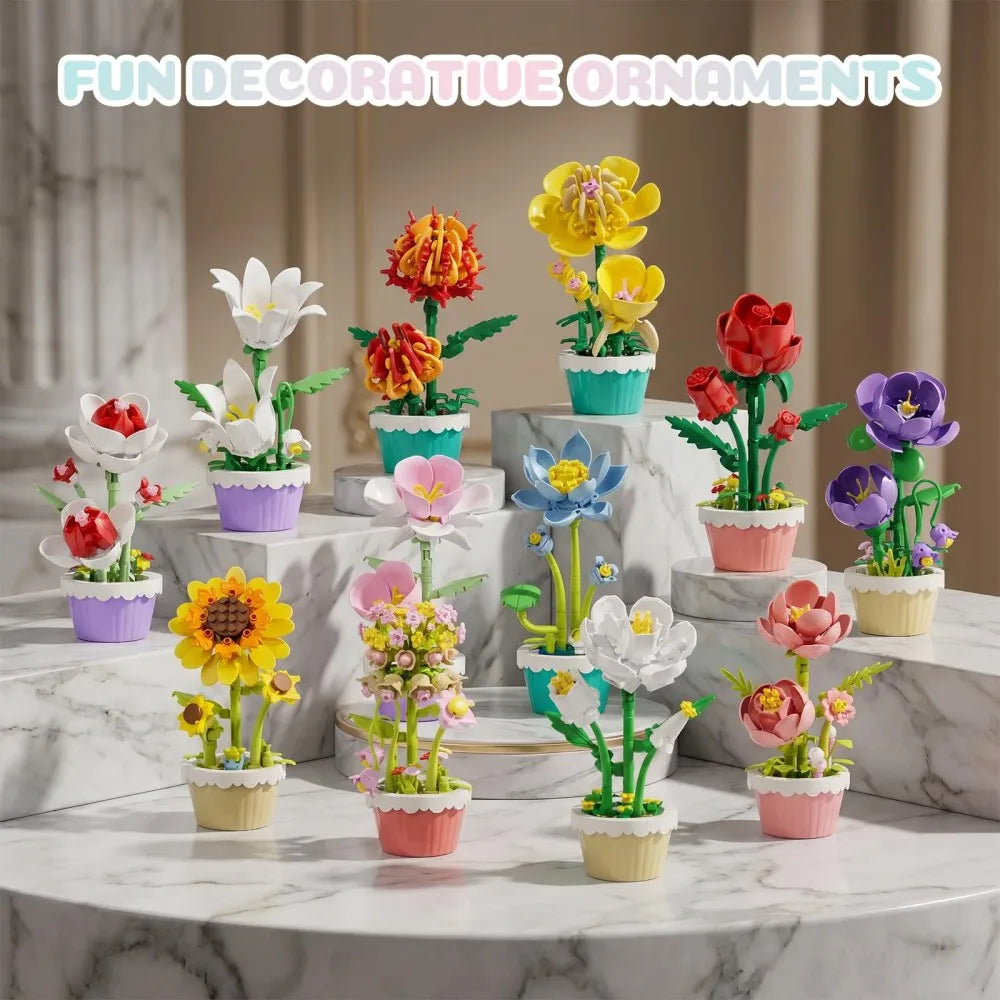 12Pcs Building Block Mini Flower Toy DIY Botanicals Collection Artificial Flowers With Pots Craft Kit For Home Office Desk Decor