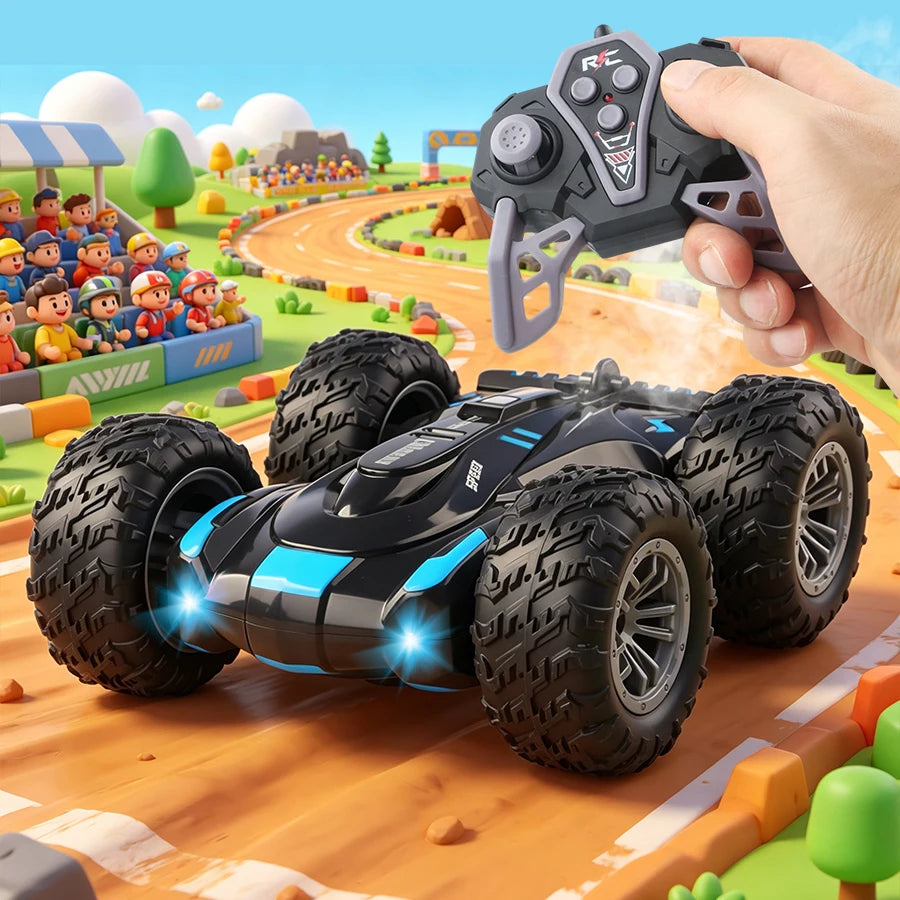 2.4G Remote Control Double-Sided Stunt Car with Lights & Spray, Cool RC Flip Toy Car for Kids