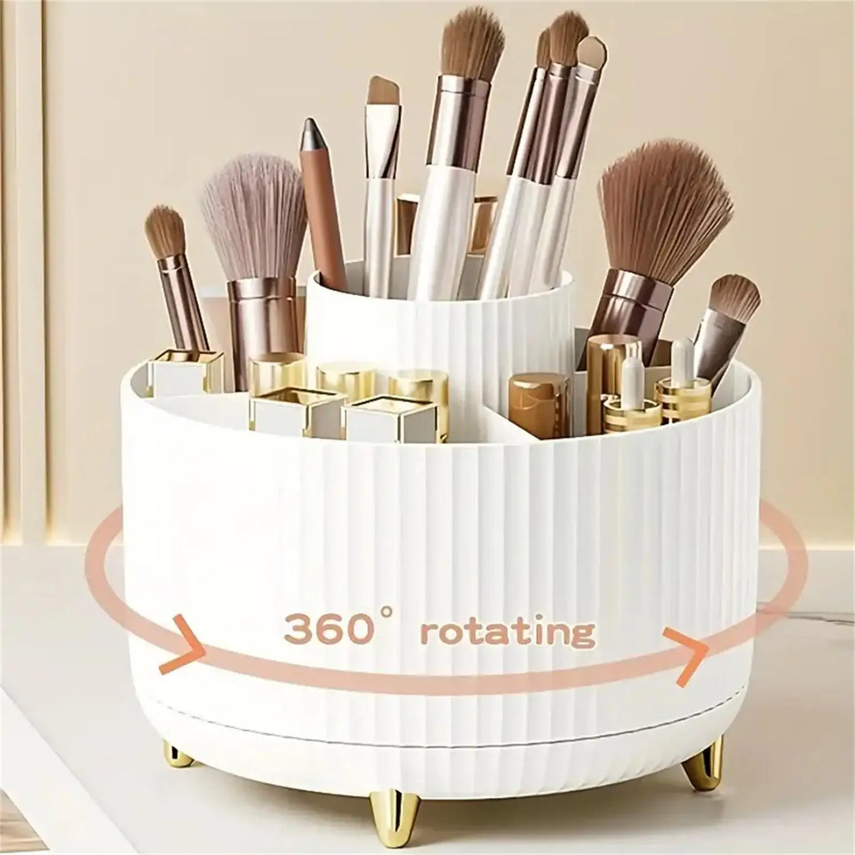Rotating Makeup Organizer with 5 Compartments for Cosmetics & Brushes