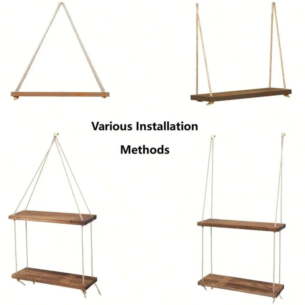 Wood Hanging Shelf with Hemp Rope for Plants, Decor & Storage