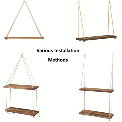 Wood Hanging Shelf with Hemp Rope for Plants, Decor & Storage
