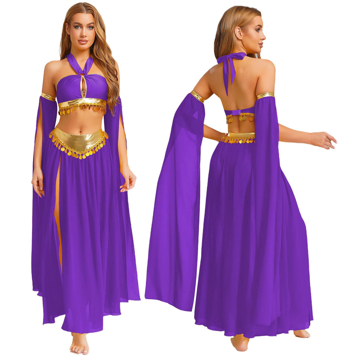 Womens Ancient Rome Egyptian Cleopatra Cosplay Costume Crop Top And Split Skirt Set Carnival Oriental Indian Belly Dance Outfits