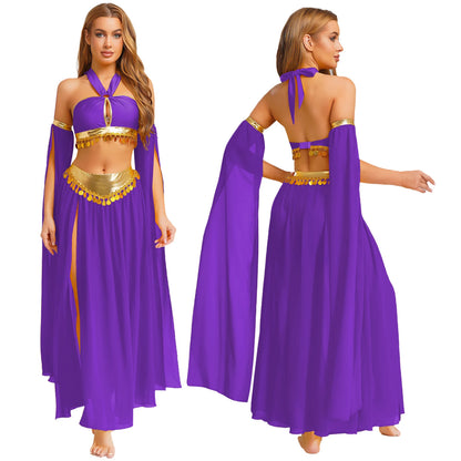 Womens Ancient Rome Egyptian Cleopatra Cosplay Costume Crop Top And Split Skirt Set Carnival Oriental Indian Belly Dance Outfits