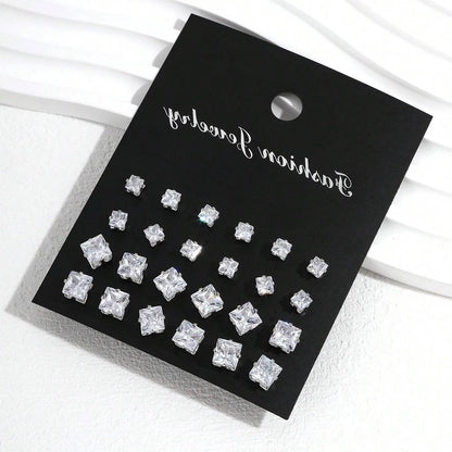 12 Pairs Cubic Zirconia Stud Earrings for Women – Geometric Styles