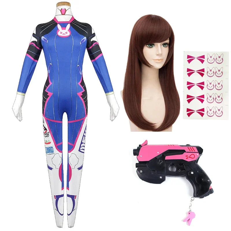 Game Overwatch Dva Cosplay Costumes Tights Jumpsuit Wig Headphone Gun Cosplay Props Tattoo Stickers Suit Woman Party Zentai Cos