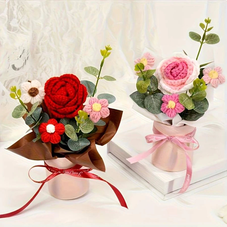 1 Piece of Beautiful Handmade Crocheted Rose and Sunflower Bouquet with a Hug Bucket, Valentine's Day, Mother's Day, Birthday, Housewarming Gift, Room Desktop Decoration
