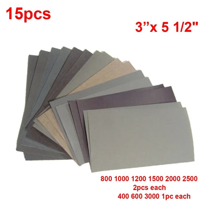 Wet Dry Sandpaper Set – 15PCS Assorted Grit Silicon Carbide Sheets