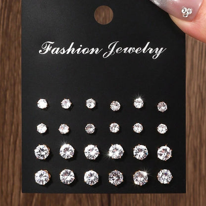 12 Pairs Cubic Zirconia Stud Earrings for Women – Geometric Styles