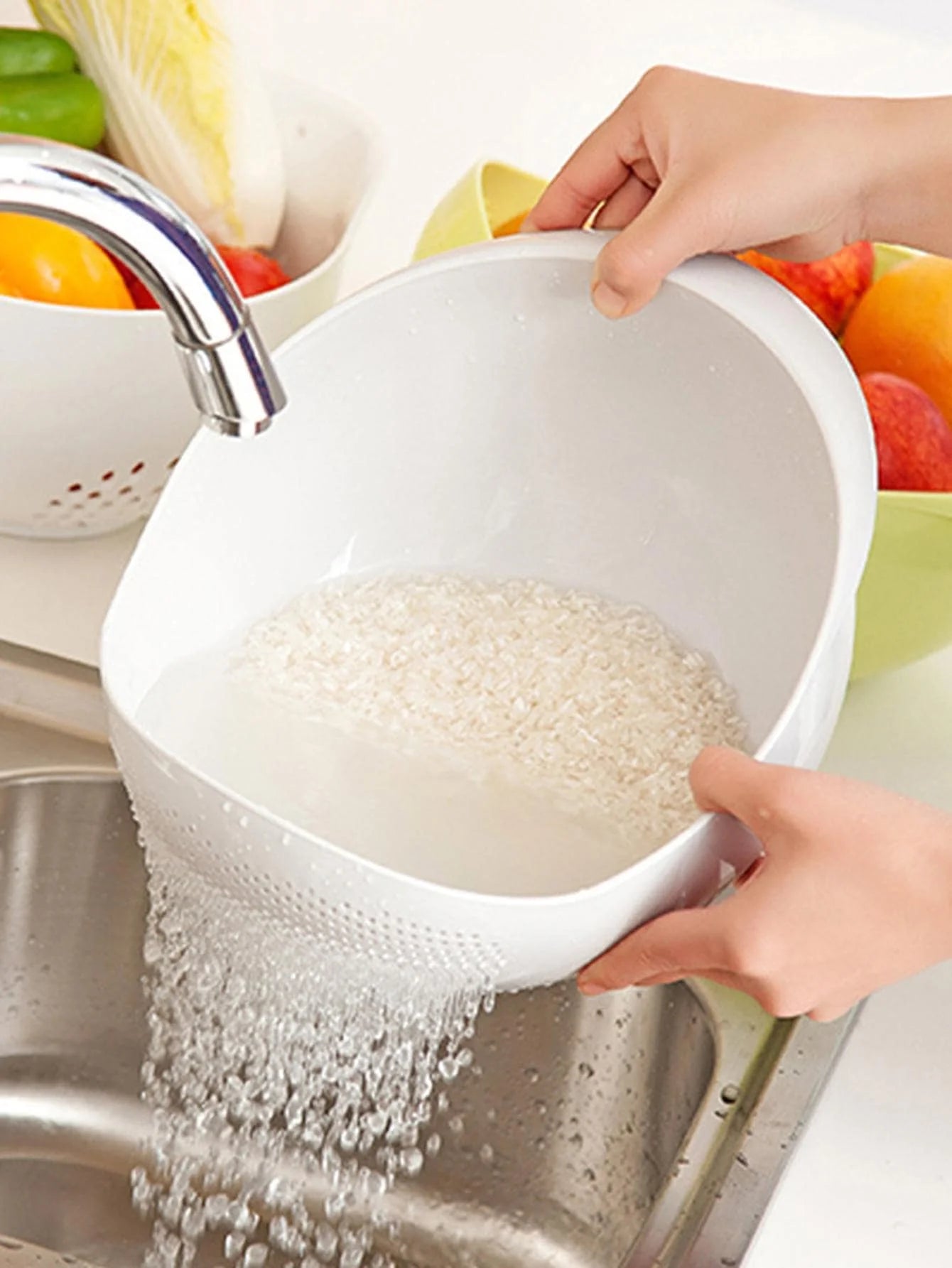 Rice Washing Basket Double Layer Colander with Handles