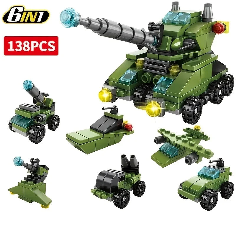 Mini size 6 In 1 Building Blocks DIY Police Car Fire Truck Castle Model Bricks Kids Educational Toys Gifts