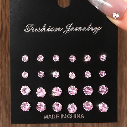 12 Pairs Cubic Zirconia Stud Earrings for Women – Geometric Styles