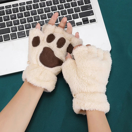 Cat Paw Gloves – Plush Half Finger Winter Gloves