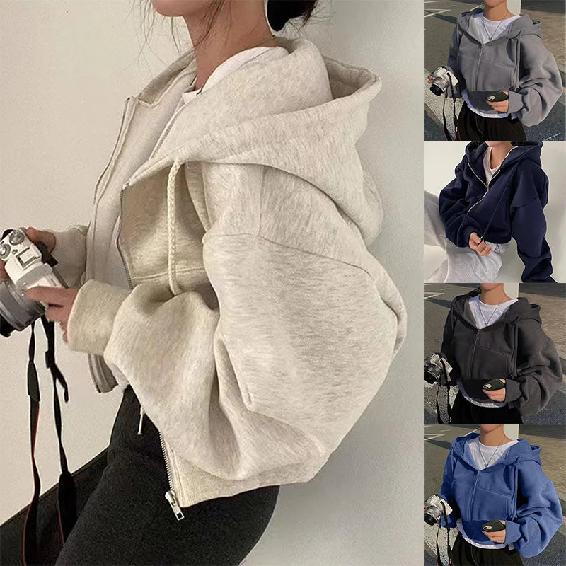 Women's Hooded Sweatshirt Fleece Lined Cropped Casual Hoodie
