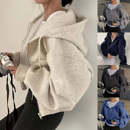 Women's Hooded Sweatshirt Fleece Lined Cropped Casual Hoodie