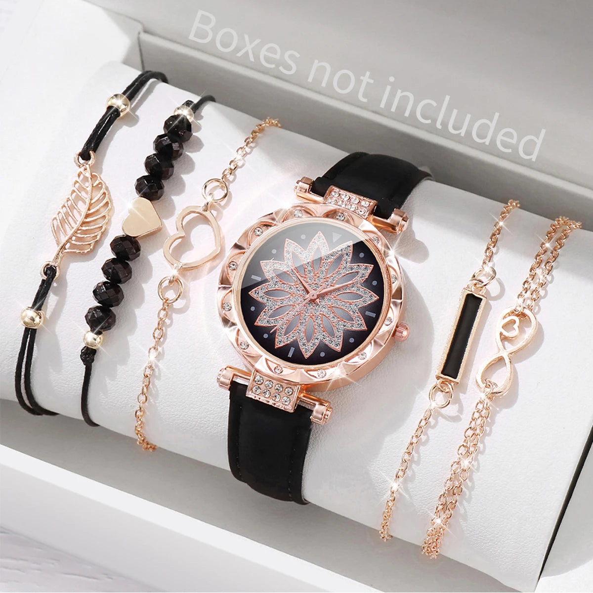 Women's Watch and Bracelet Set with Heart Dial and Leather Band
